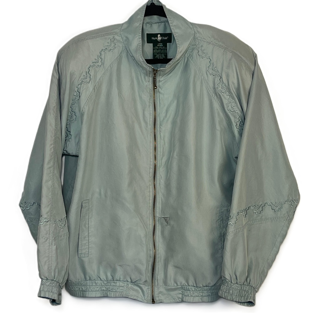 Vintage Hunt Club Silk Bomber Jacket w/ Aztec Embroidery in Seafoam Green Large